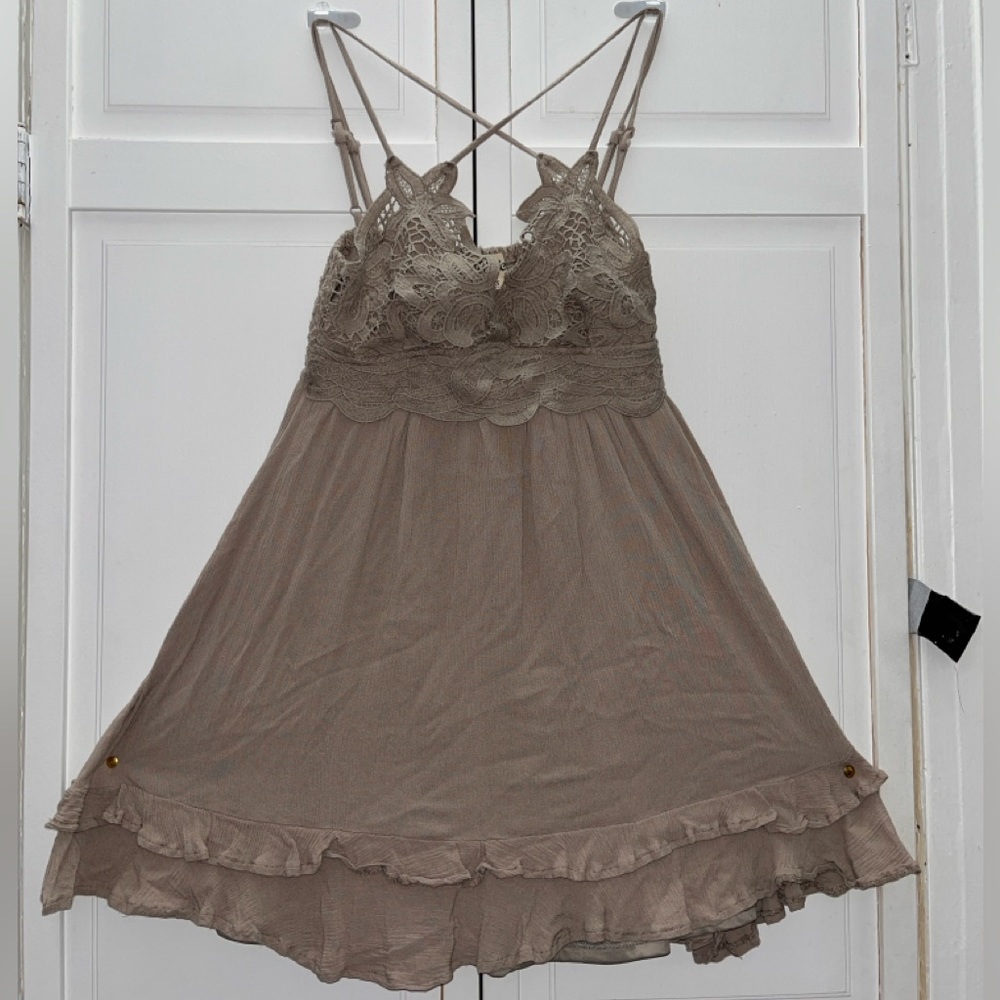Y2K TOP: Grey Crossed Straps with Lace chest and Fringed bottom